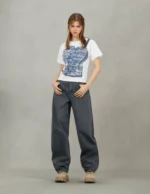 EVISU Women’s Balloon Fit Gray Blue Kamon Embroidery Jeans