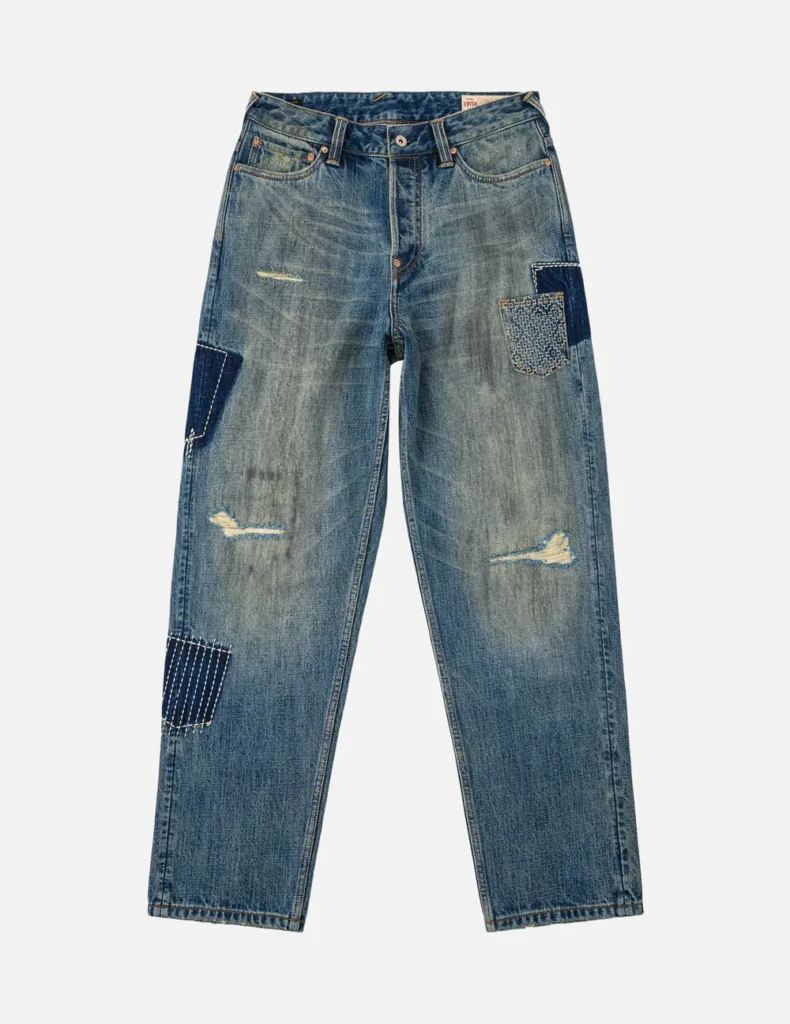 Evisu Jeans Men Boro Sashiko Seagull Relaxed Fit Distressed Jeans
