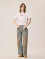 Evisu Jeans Women Double Waistband Distressed Straight Leg
