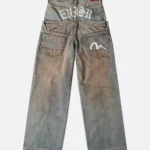 Evisu Jeans Women Double Waistband Distressed Straight Leg