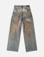 Evisu Jeans Women Double Waistband Distressed Straight Leg