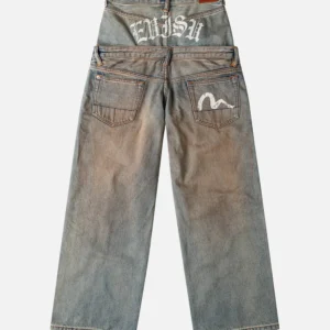 Evisu Jeans Women Double Waistband Distressed Straight Leg
