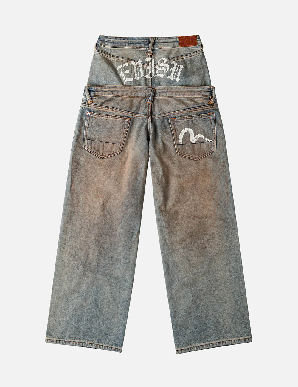 Evisu Jeans Women Double Waistband Distressed Straight Leg Evisu Jeans Women Double Waistband Distressed Straight Leg