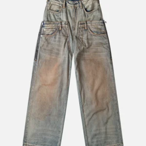 Evisu Jeans Women Double Waistband Distressed Straight Leg