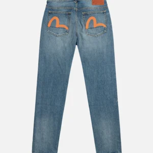 Evisu mens orange Seagull Taper Fit #2017 Mid-Wash Denim Jeans