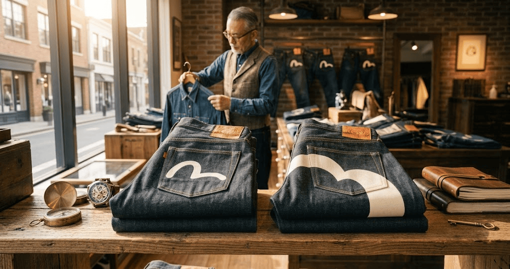 Evisu Seagull vs Daicock Jeans comparison showing signature Seagull and Daicock back pocket designs.