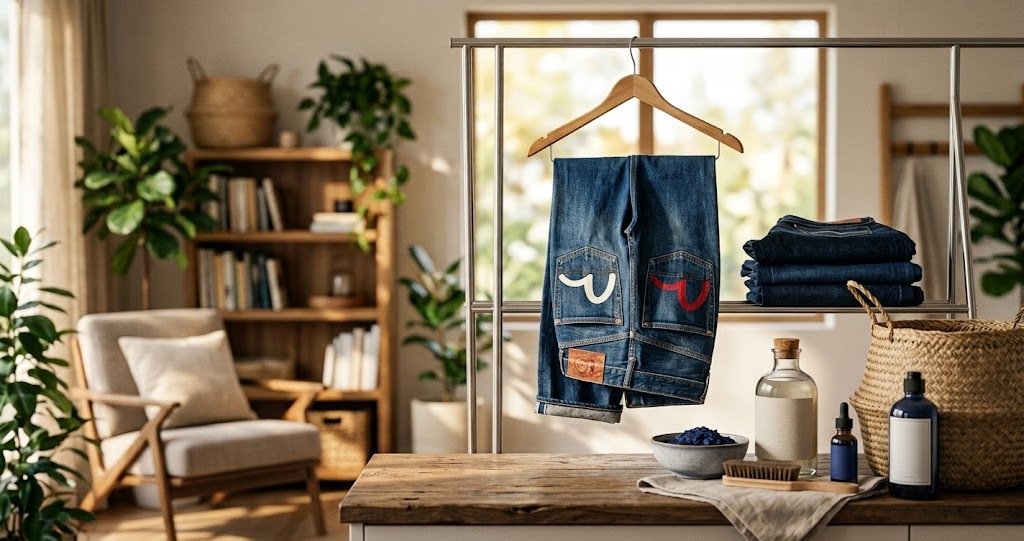 Evisu Jeans care guide showing proper washing, drying, and maintenance tips to protect denim quality and color.
