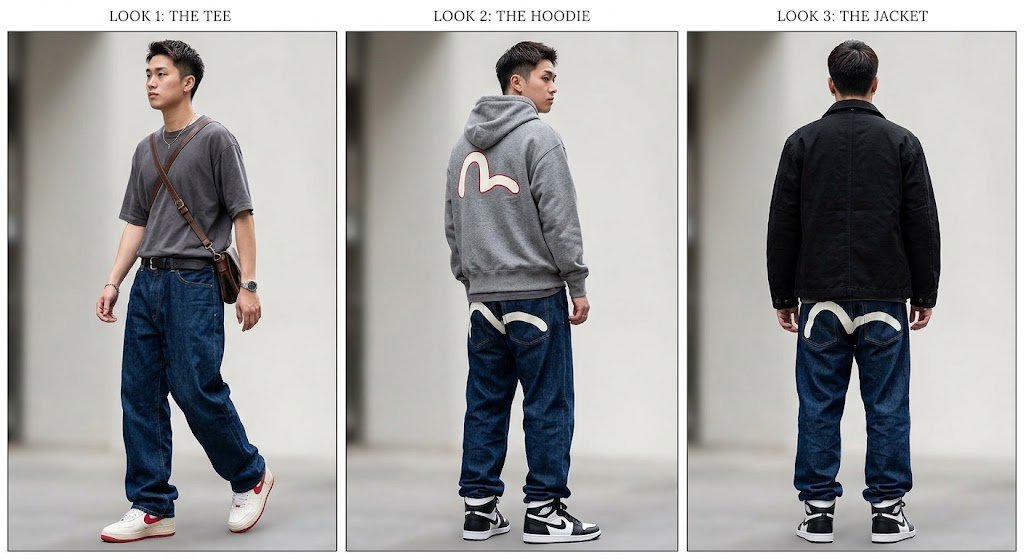 Evisu Baggy Jeans outfit ideas with T-shirts, hoodies, and casual jackets.