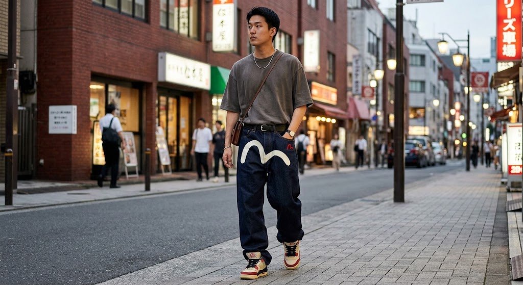 Evisu Baggy Jeans styled with an oversized T-shirt and streetwear sneakers.